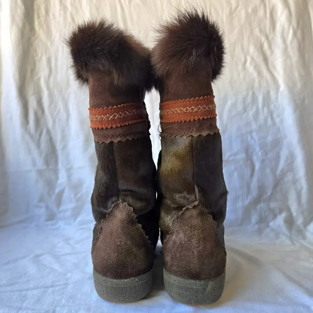 VTG Tecnica Womens Goat Fur Apres Ski Lined Winter Snow Boots Brown Size 5 Italy